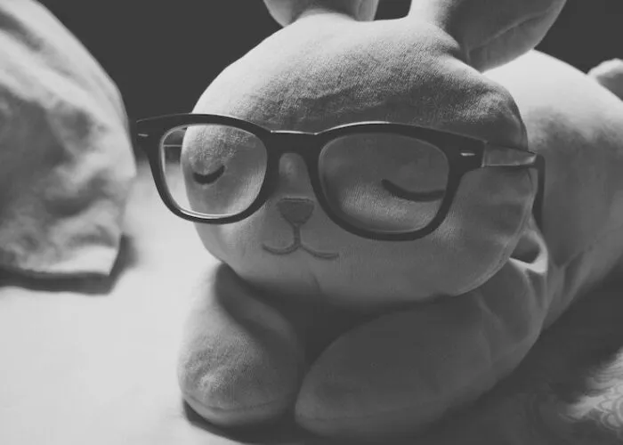 Stuffed rabbit plush wearing eyeglasses accessory