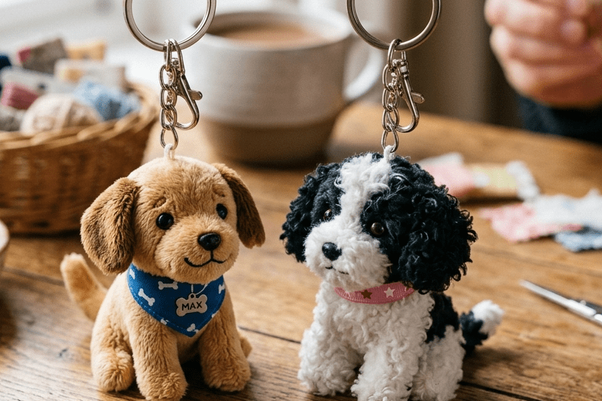 Llavero de peluche personalizado con forma de cachorro