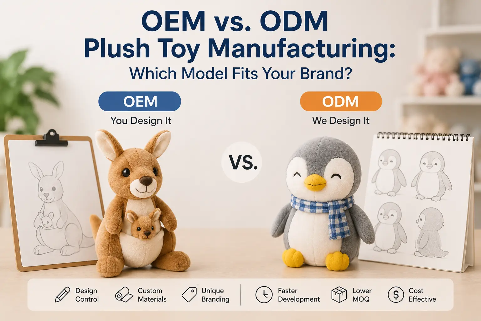OEM vs. ODM plush toy manufacturing comparison showing custom design and ready-made production models for brands.