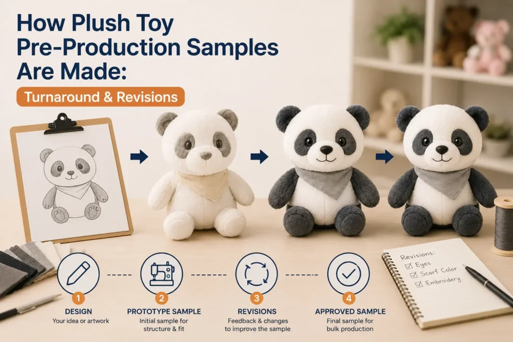 デザイン、試作品、修正案、および承認済みサンプルの製造工程を示す、ぬいぐるみの試作サンプル。.