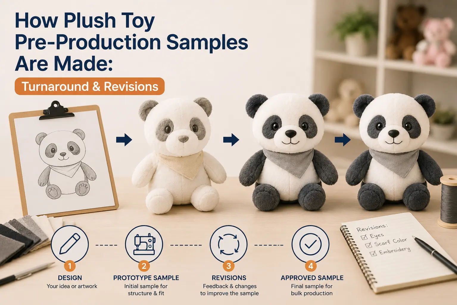 Plush toy pre-production samples showing design, prototype, revisions, and approved sample manufacturing process.