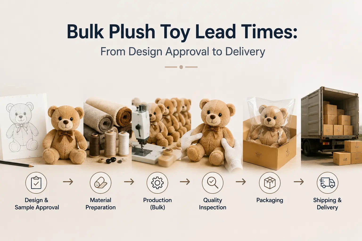 Bulk plush toy lead times from design approval to delivery showing production, quality inspection, packaging, and shipping.
