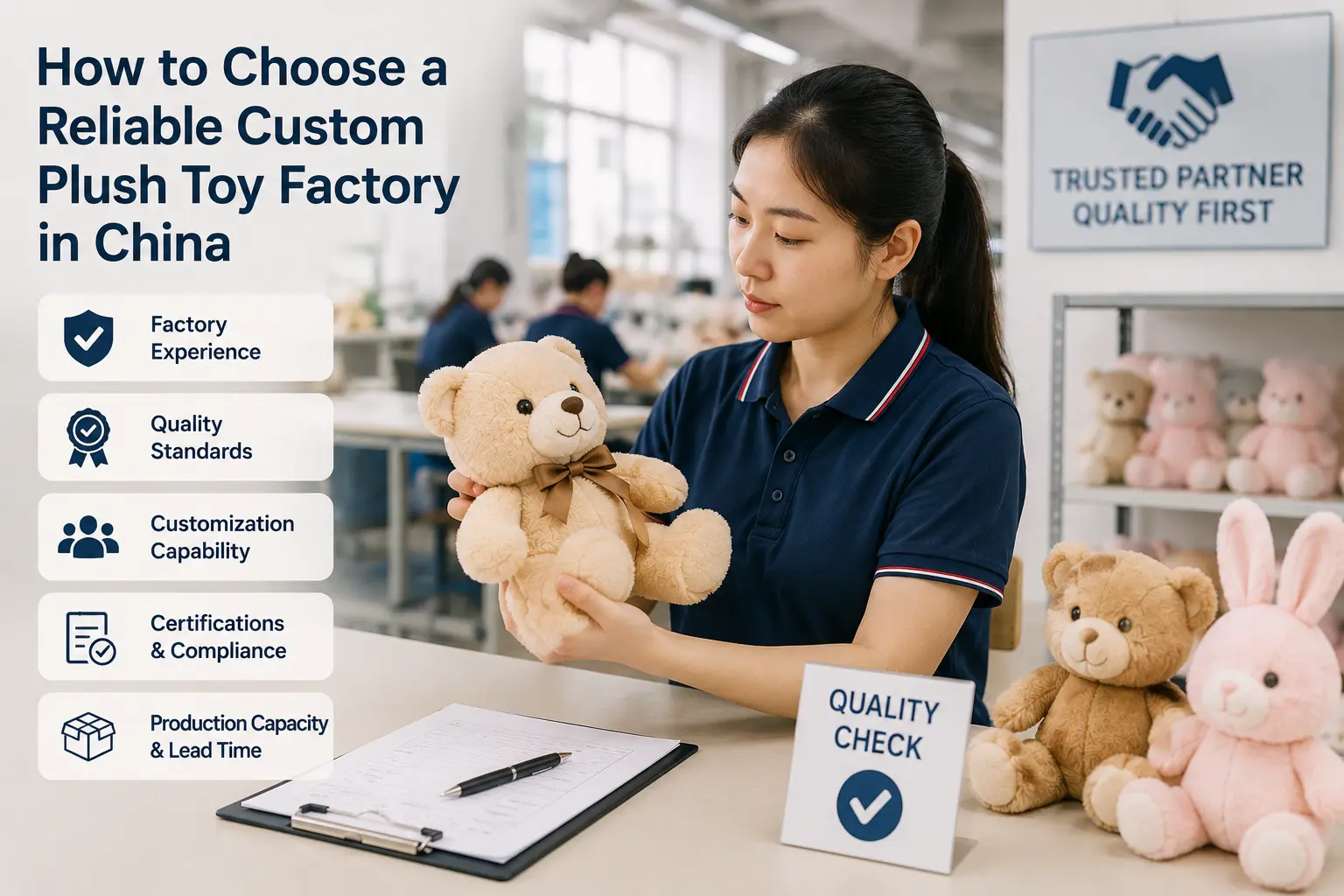 Reliable custom plush toy factory in China with quality inspection, plush toy production, and manufacturing expertise.