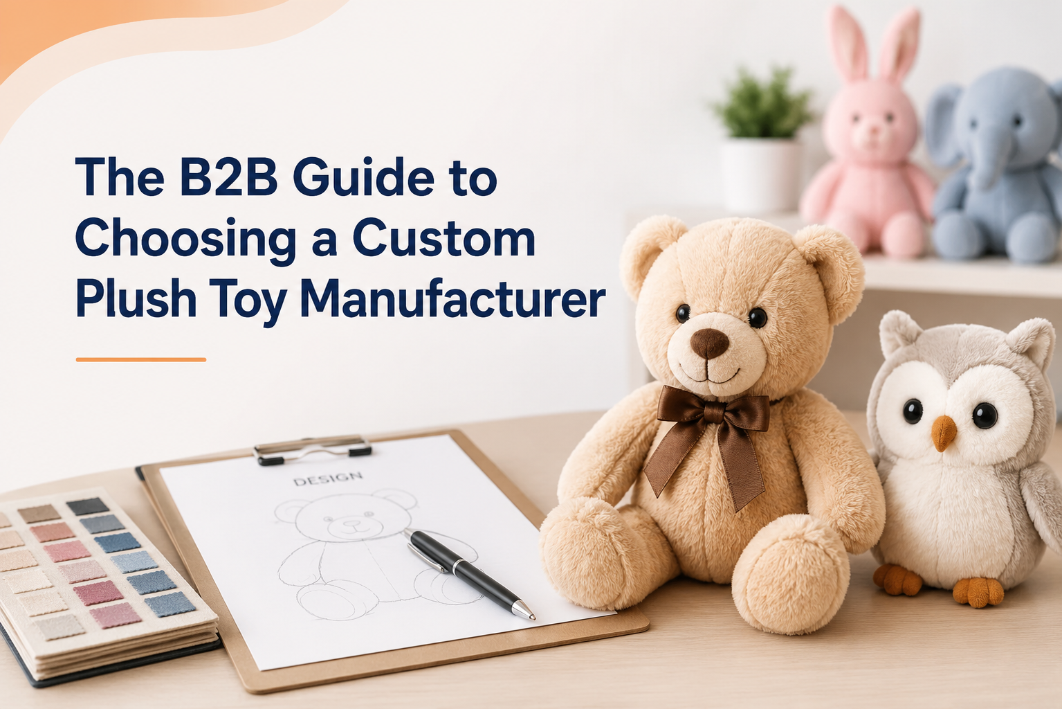 Custom plush toy manufacturer guide with plush toys, design sketch, and fabric samples for B2B sourcing.