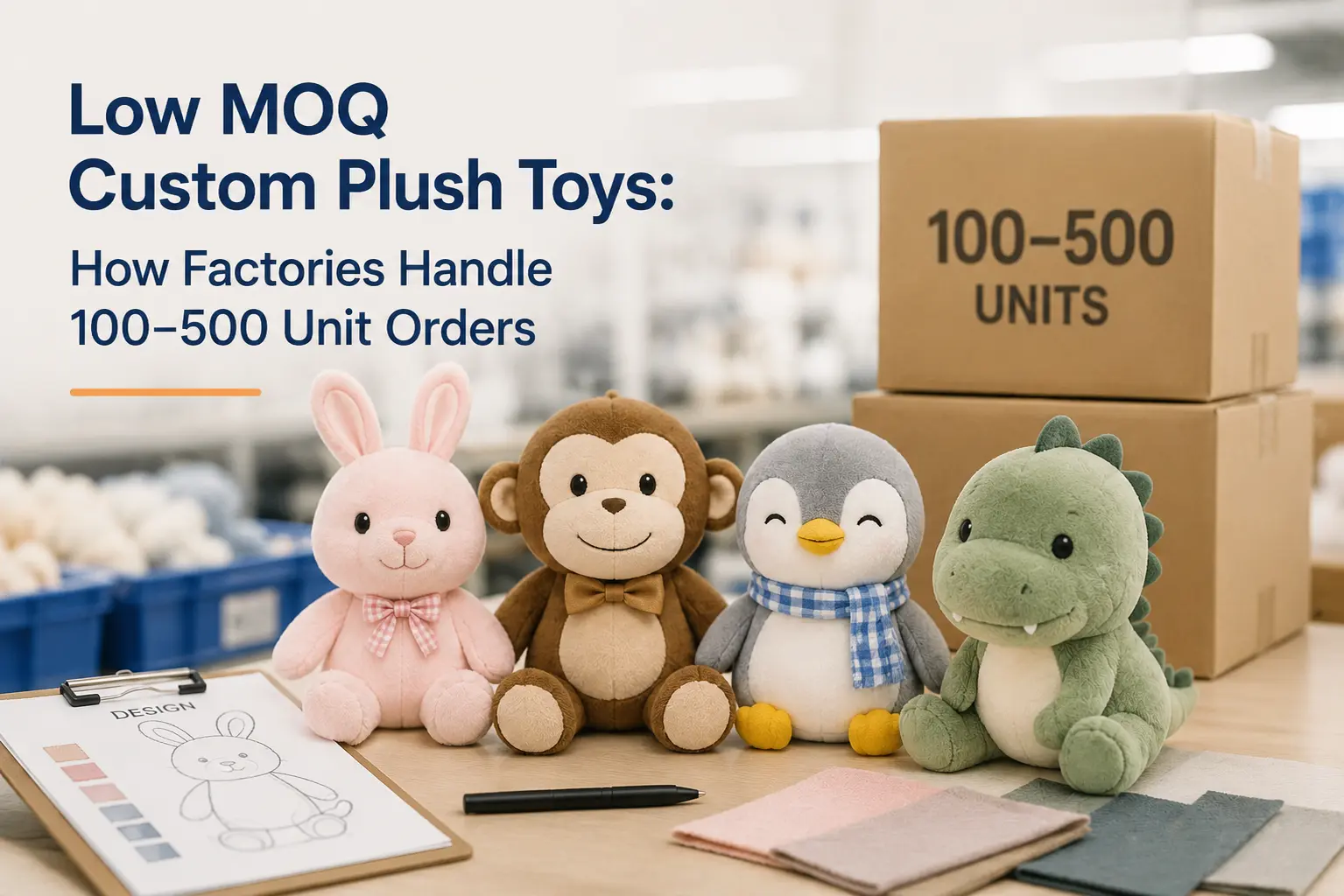 Low MOQ custom plush toys with sample designs and packaging for 100–500 unit custom manufacturing orders.