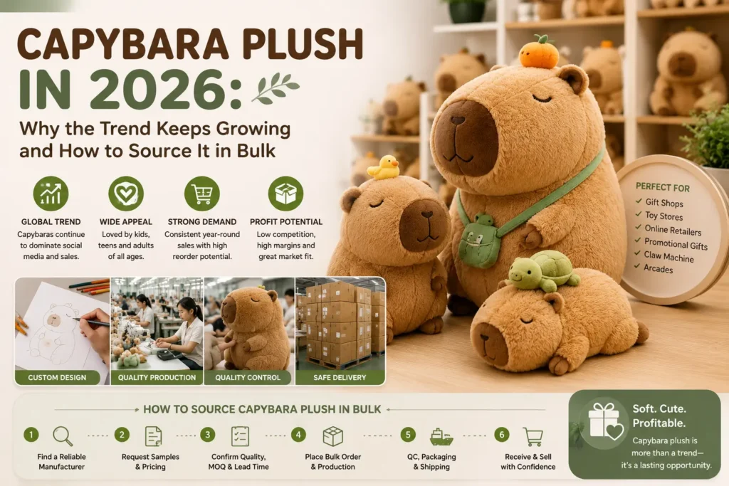 カピバラのぬいぐるみを、大量生産、品質管理、梱包、出荷の各工程とともに展示し、2026年のトレンドの高まりや、小売業者やブランド向けの卸売調達に焦点を当てています。.
