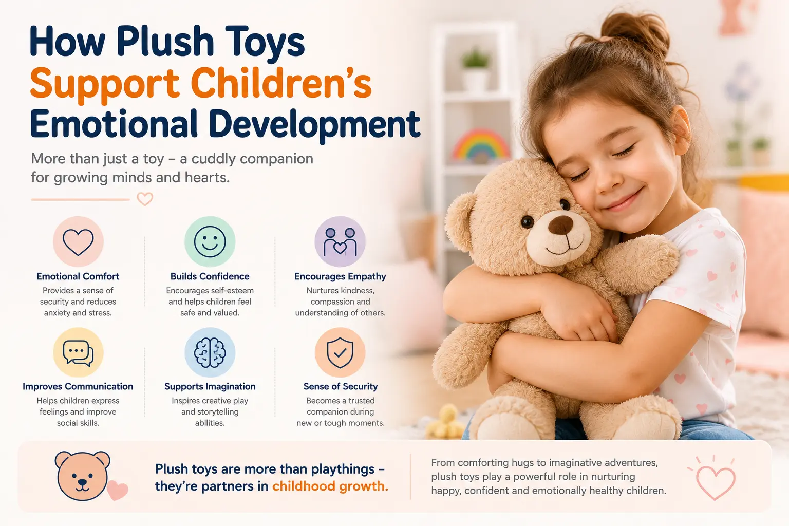 Young child hugging a plush teddy bear, illustrating how plush toys support children's emotional development, build confidence, encourage empathy, and provide comfort and security.