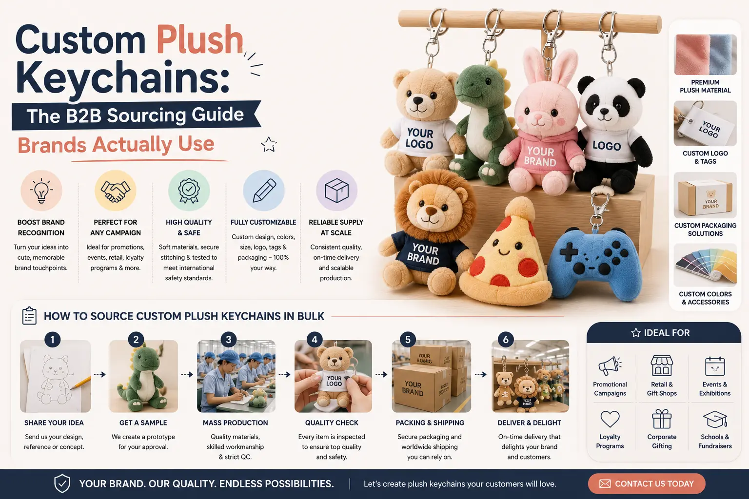 Custom plush keychains with branded designs, logo tags, packaging, and bulk manufacturing process, showcasing B2B sourcing solutions for promotional products, retail, and corporate branding.